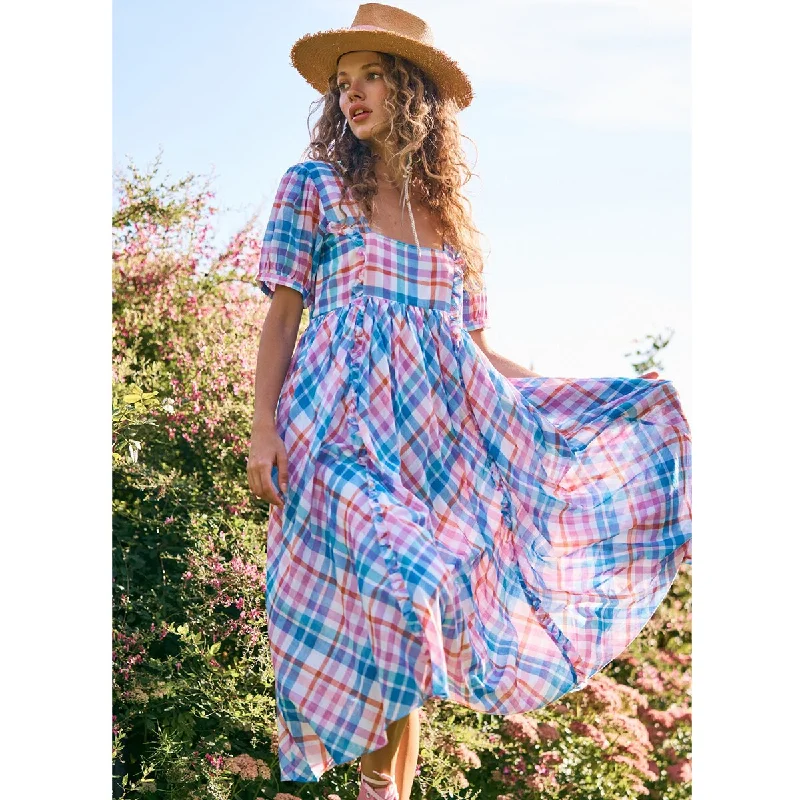 BerriesJam - 2024Plaid Pattern Square Neck Lantern Sleeve Maxi Dress