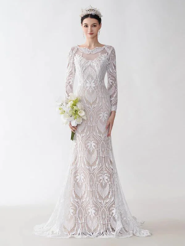 Sexy Mermaid Long Sleeves Jewel Maxi Long Lace Wedding Dresses