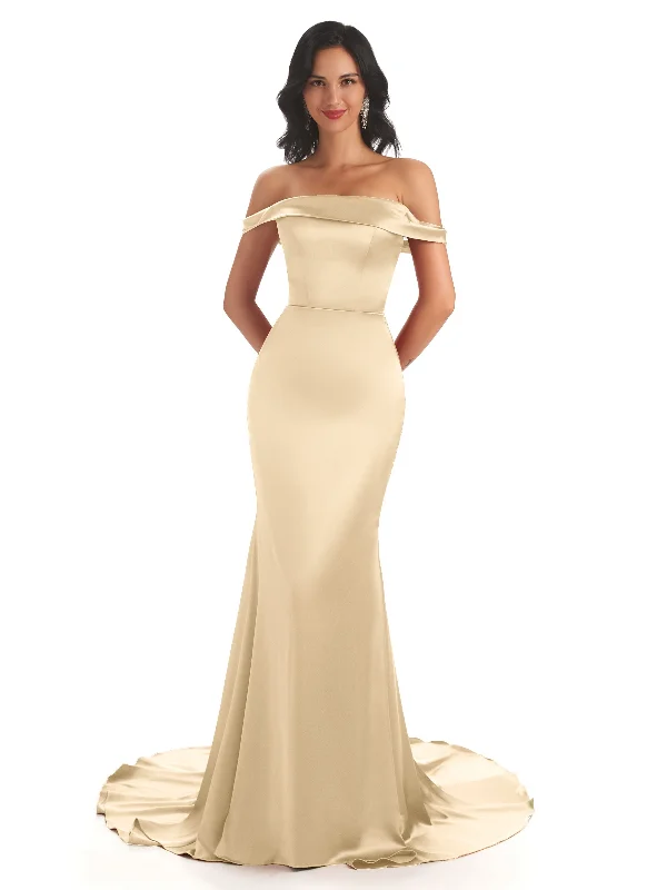 Elegant Soft Satin Off The Shoulder Maxi Long Mermaid Dress For Wedding Reception