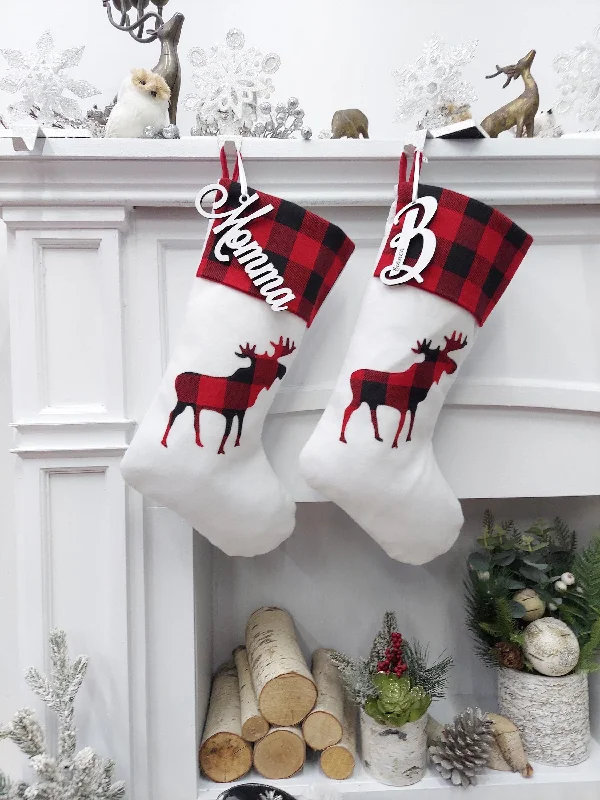 Buffalo Plaid Moose Christmas Stocking | Bright White/Red Black Check Woodland Rustic Farmhouse Decor Personalized Embroidery name tag