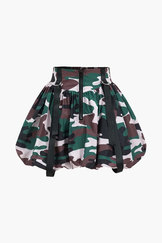 Camo Print Zipper Puff Skirt