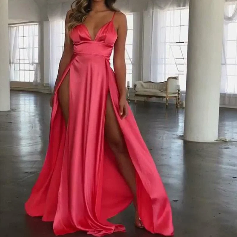 BerriesJam - 2024 Sexy Spaghetti Strap V-neck Satin Maxi Dress