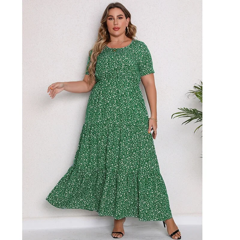 BerriesJam - Casual O Neck Short Sleeve Floral Maxi Big Size Dress