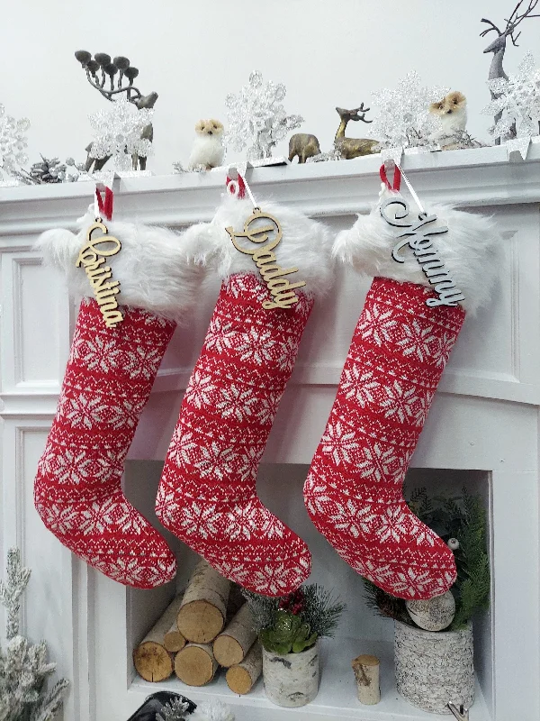 23" Fair Isle Snowflake Christmas Stocking | Red White Knit with Pom Poms Faux Fur Cuff Fun Festive Xmas Decor Personalized Wood Name Tag