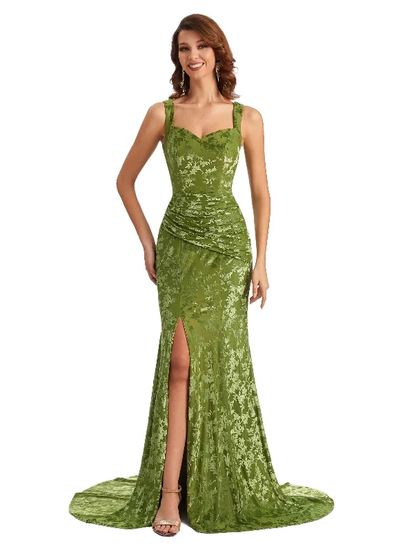 Sexy Side Slit Mermaid Floral Velvet Long Maid of Honor Dresses Online