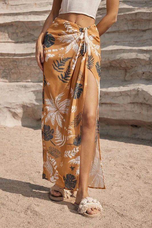 Leaves Print Knot Split Cover-Up Maxi Skirt