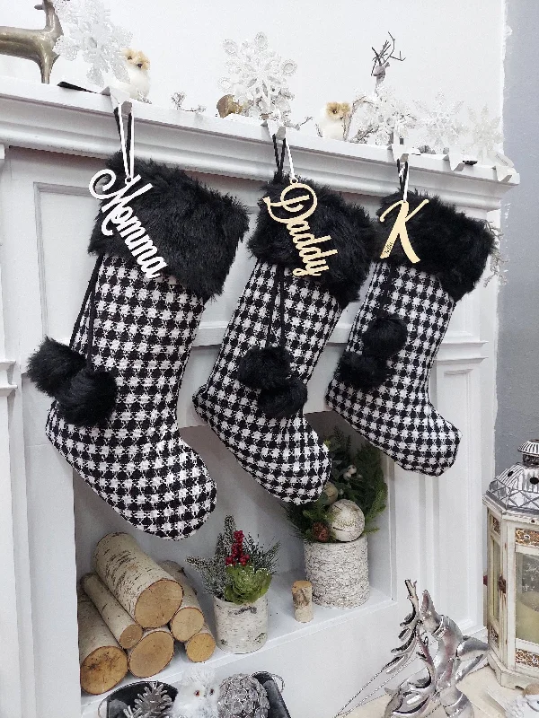 20" Black White Plaid Christmas Stocking | Knit Faux Fur Pom Poms Two Tone Chic Monochromatic Holiday Decor Personalized Embroidery Name Tag