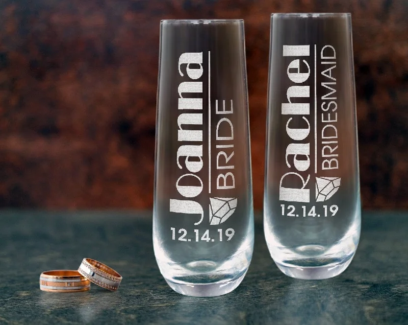 Custom Proposal Engraved Bridal Party Stemless Champagne Flutes Wedding Bridesmaid Bride Gifts Personalized Gifts Single Glass Wine Toasts