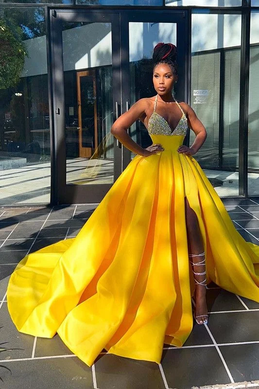 Yellow Evening Dress Halter V Neck Mermaid Long Pleated    S3763