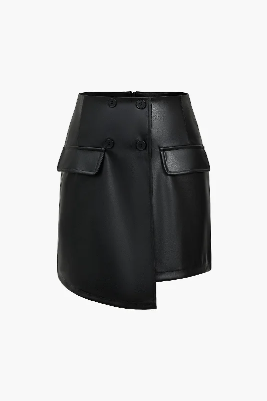 Solid Faux Leather Button Asymmetrical Skirt