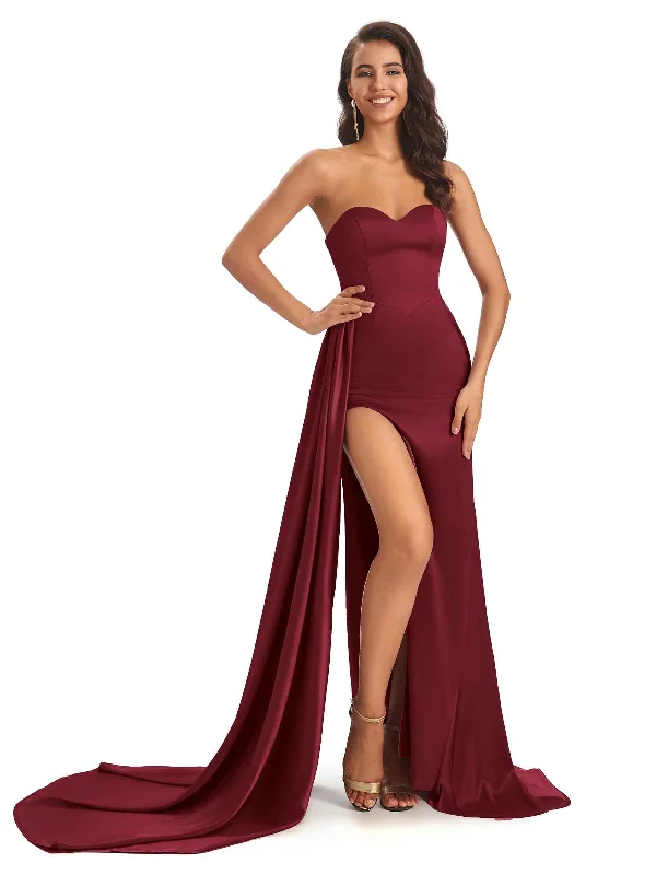 Sexy Soft Satin Sweetheart Side-Slit Maxi Long Mermaid Wedding Outfits For Female Guests