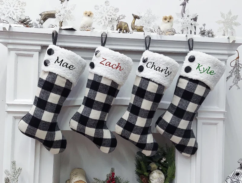 20" Black/Ivory Buffalo Plaid Christmas Stockings | Sherpa Cuff Rustic Buttons  Modern Farmhouse Tartan Personalized Embroidered Name Tag