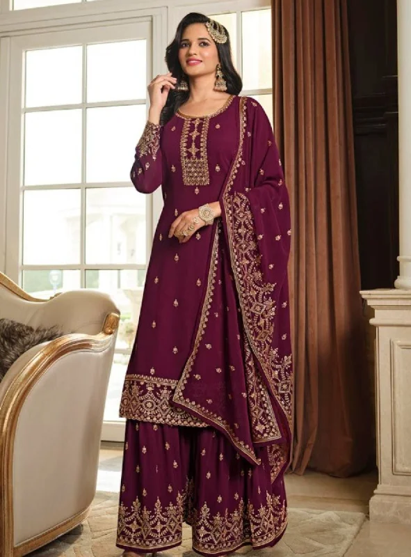 MAROON LONG KURTA GEORGETTE SHARARA SET - RENT