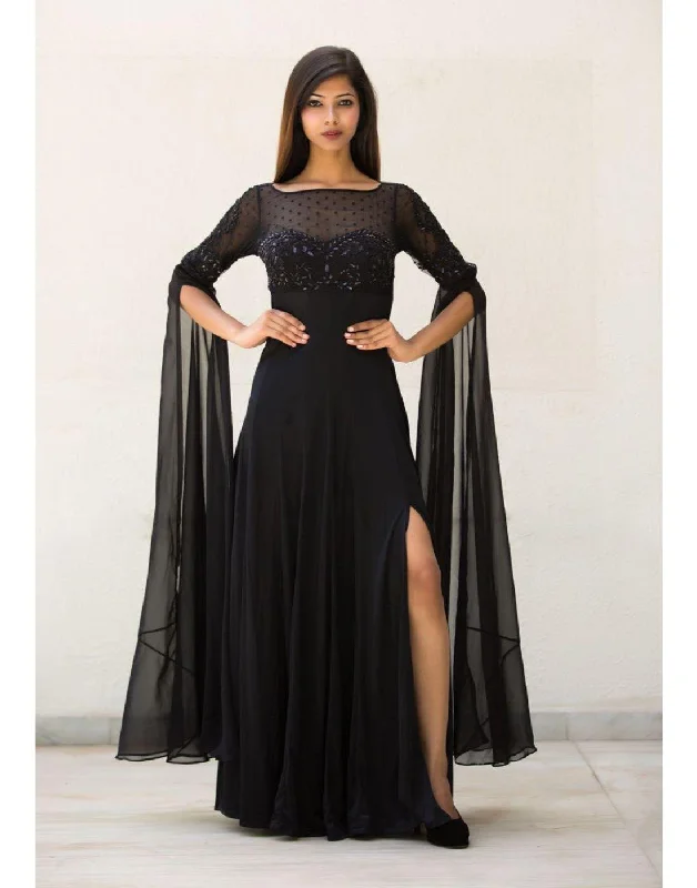 Rent Black Gown With Long Flaired Sleeve Handwork Embroidery On Chest