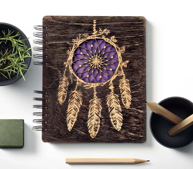 Dream Catcher Wooden Cut Journal Engraved Teen Notebook Back to School Womens Mens Sketchbook Wedding Bridal Shower Birthday Gift Wood