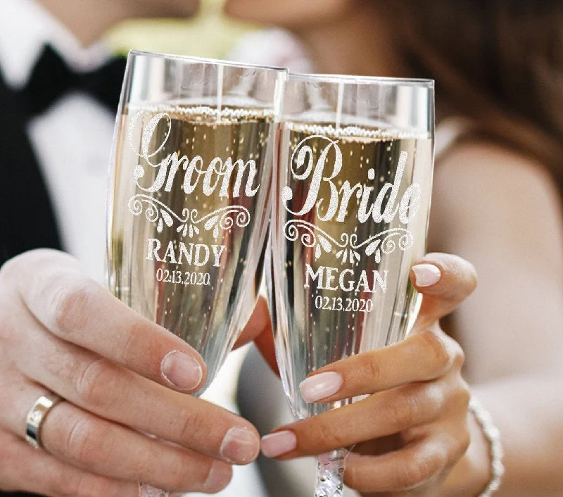 Custom Engraved His Her Champagne Glasses Set of 2 Bride Groom Wedding Decorations for Party 55th Anniversary Gift Newlywed Bridal Shower