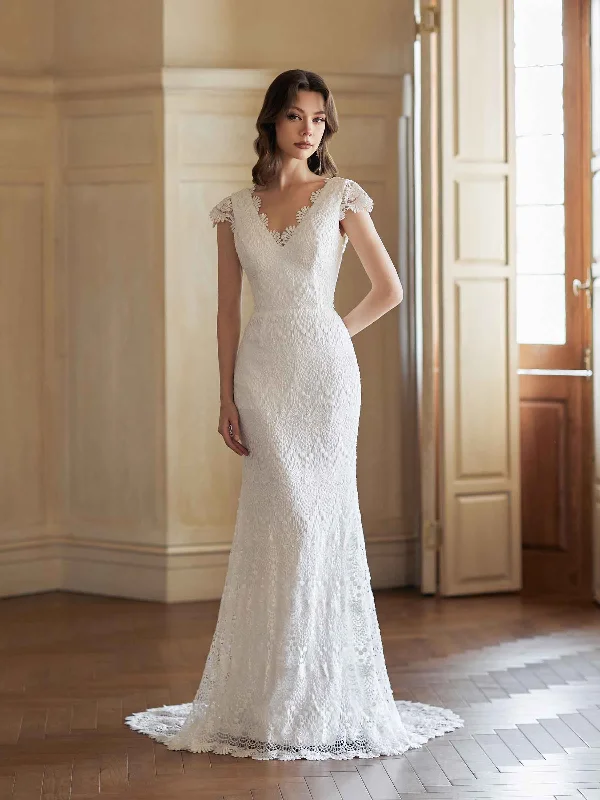 Sexy Mermaid Open Back V-neck Maxi Long Lace Wedding Dresses Online