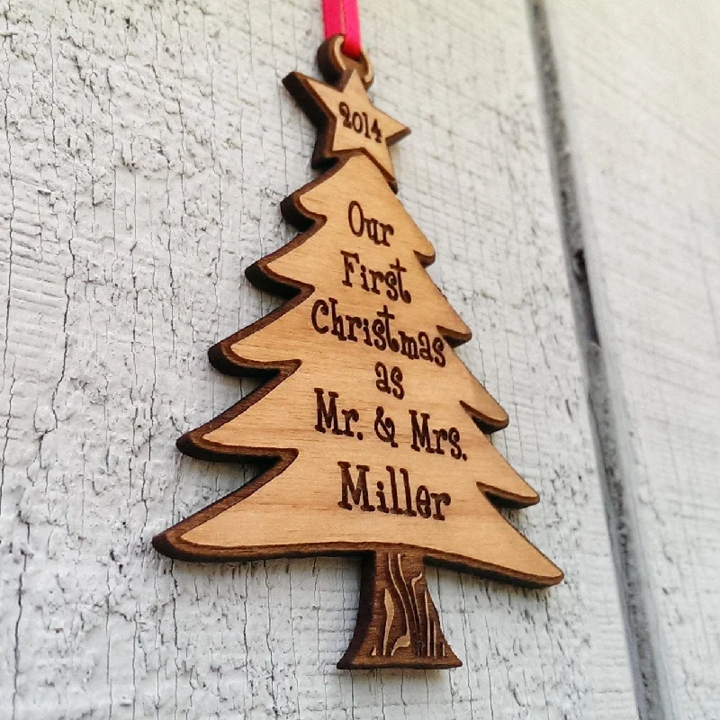 Our First Christmas Tree Ornament as Mr and Mrs Laser Wood Engraved Personalized for him her perfect gift for newlywed just married couple.