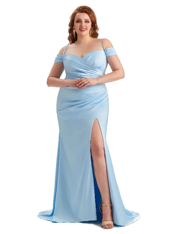 Plus Size Sexy Side Slit Cold Shoulder Mermaid Soft Satin Long Maid of Honor Dresses