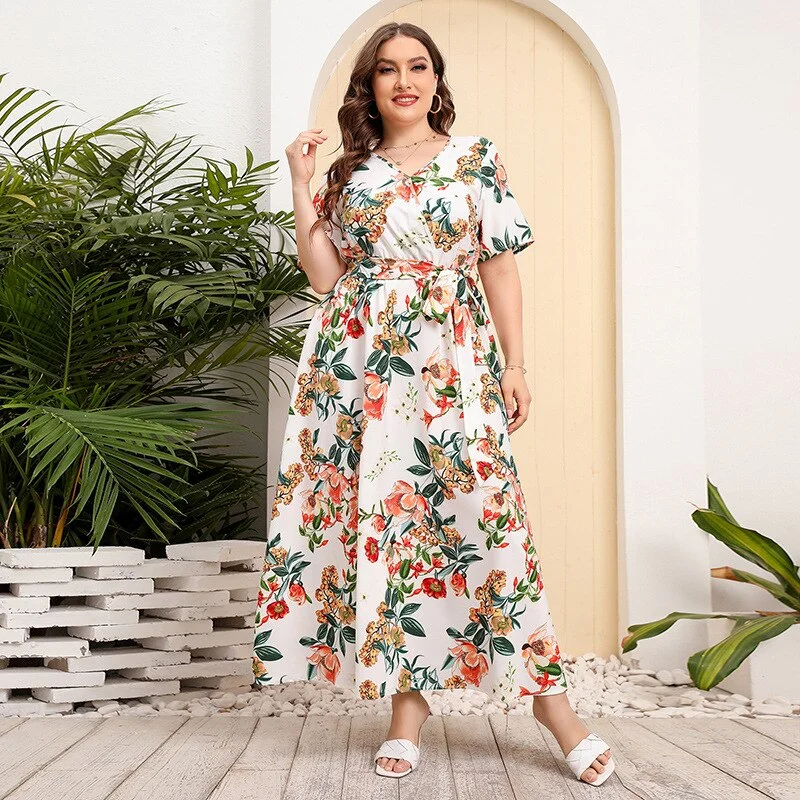 BerriesJam - 2024Plus Size V Neck Elegant Floral Short Sleeve Maxi Dress