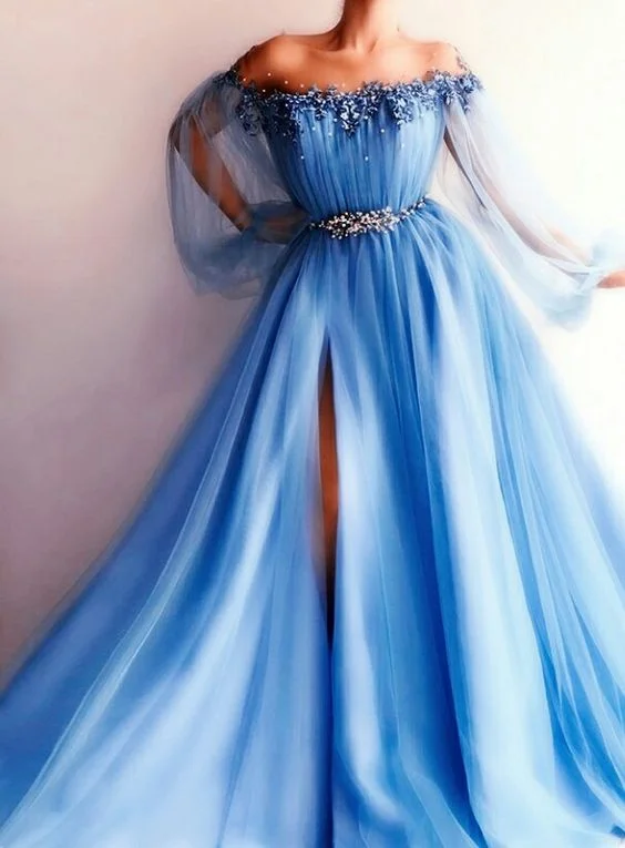 Blue Tulle Prom Dresses, A-Line Tulle Party Evening Dresses       S2222