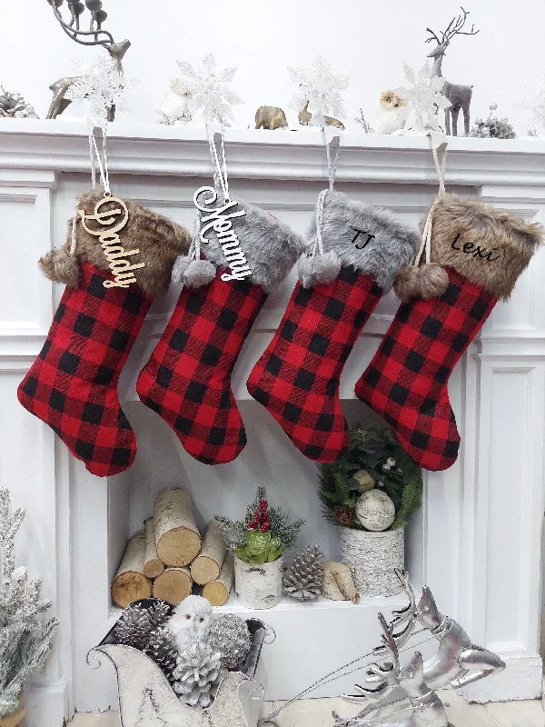 19" Buffalo Plaid Brown & Grey Faux Fur Christmas Stockings | Red Black Check Cabin Farmhouse Outdoorsmen Personalized  Family Name Tag Wood