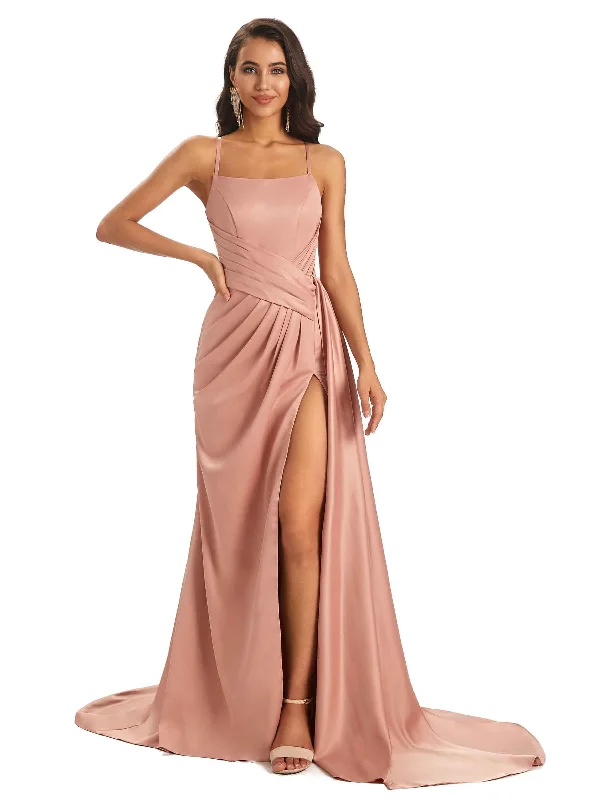 Sexy Soft Satin Side Slit Spaghetti straps Long Maxi Bridesmaid Dresses