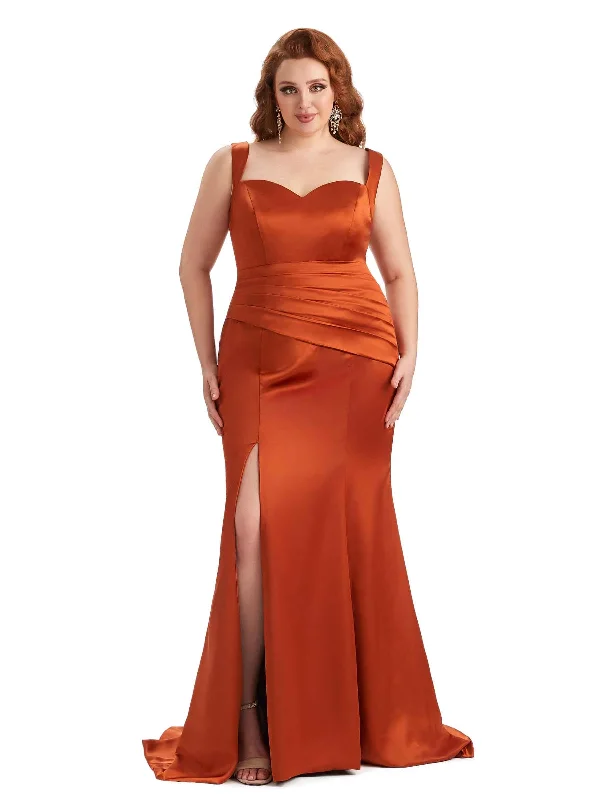 Plus Size Sexy Side Slit Mermaid Straps Soft Satin Long Maid of Honor Dresses