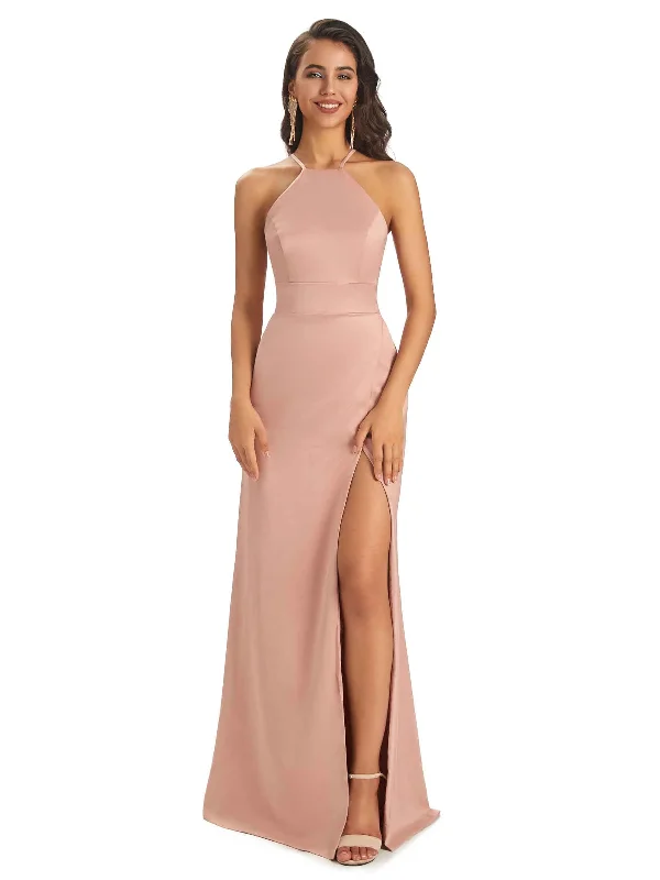 Sexy Soft Satin Halter Criss-Cross Side Slit Maxi Unique Long Bridesmaid Dresses