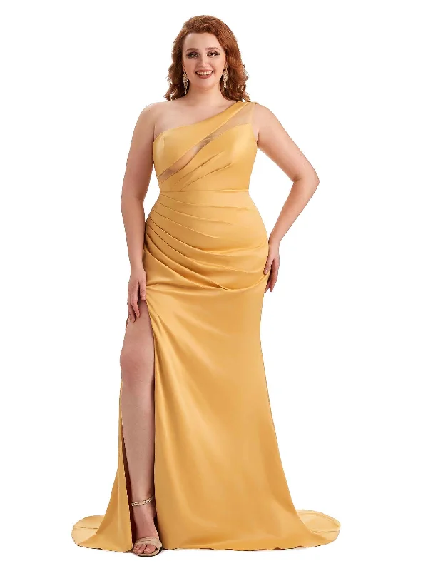 Sexy Unique One Shoulder Side Slit Mermaid Soft Satin Long Plus Size Maid of Honour Dresses