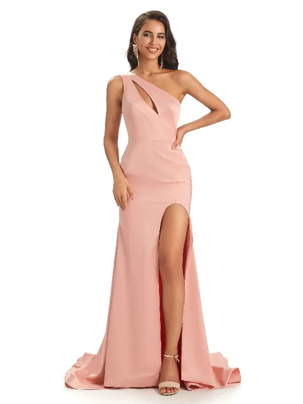 Sexy Soft Satin Side Slit One Shoulder Maxi Long Mermaid Bridesmaid Dresses