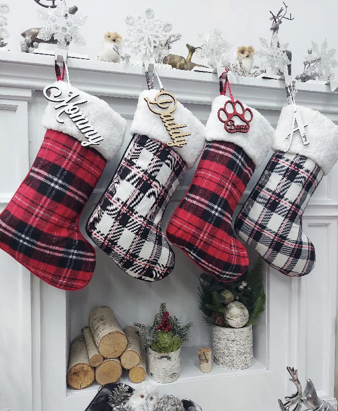 19" Red/Black/White Plaid Christmas Stockings with Sherpa Cuff Modern Farmhouse Personalized Stockings Family Xmas Tartan Wood Name Tag