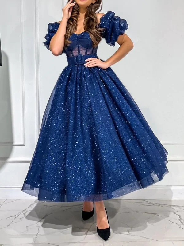 Dark blue tulle tea length prom dress, blue formal dress    S2368