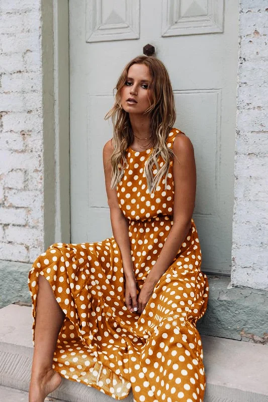 BerriesJam - 2024 Sleeveless Yellow Polka Dot A Line Maxi Dress