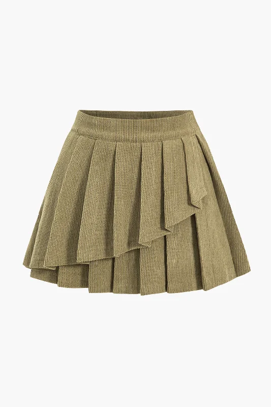 High Waist Pleated Asymmetrical Corduroy Skirt