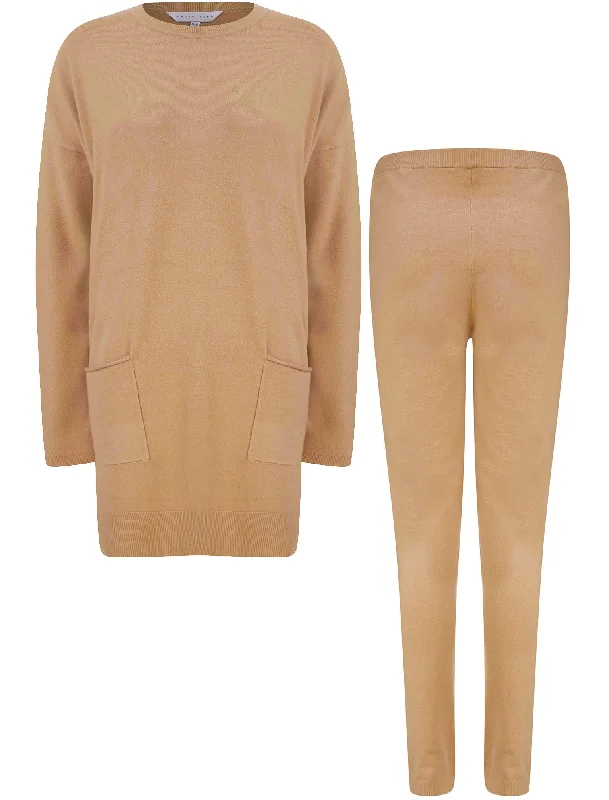 Ninette 2 Pc Jersey Knit Top / Pants Lounge Set in Nougat Nut - Amara Reya