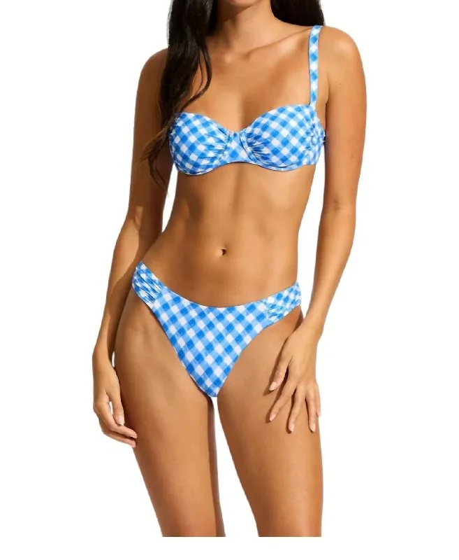 Ruched Underwire Bra & High Leg Bikini In Blue Check