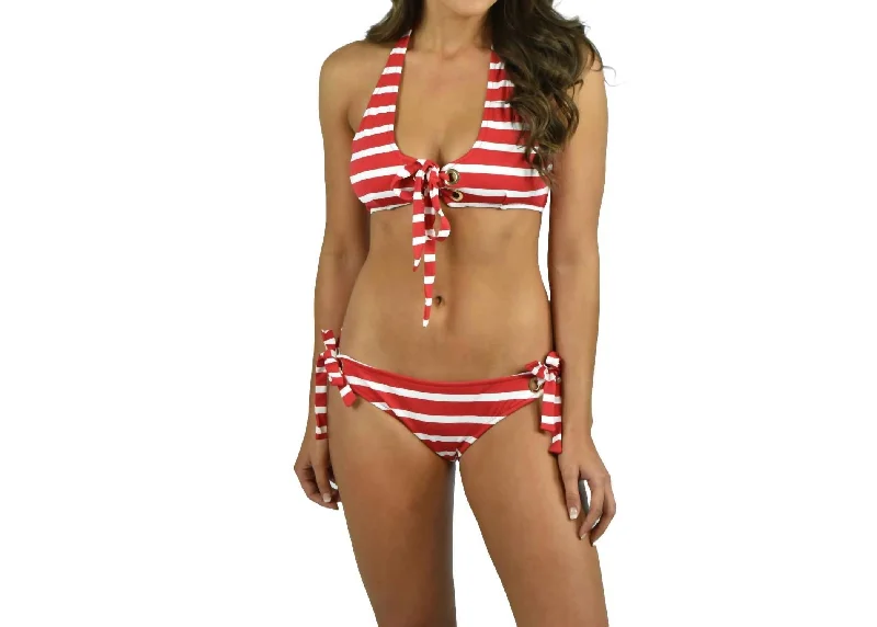 Stripe Boca Eyelet Bikini Bottom In Red/ivory