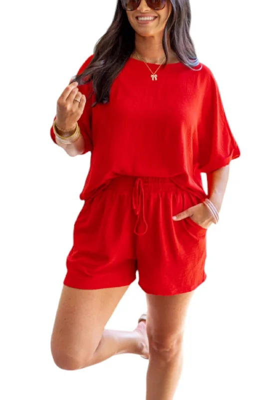 Crinkle Shorts And Top Set In Red