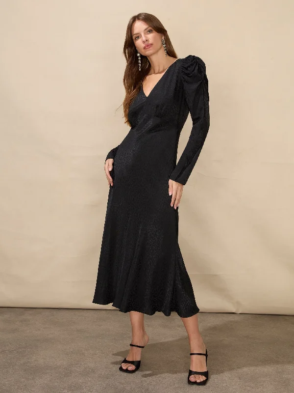 Black Satin Jacquard Puff Sleeve Dress