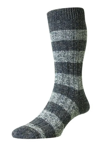 BLOCK STRIPE RECYCLED COTTON MID-CALF SOCKS - BLUE/GREY