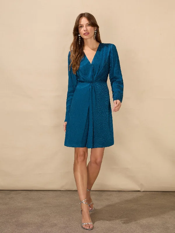 Blue Satin Jacquard Twist Front Dress