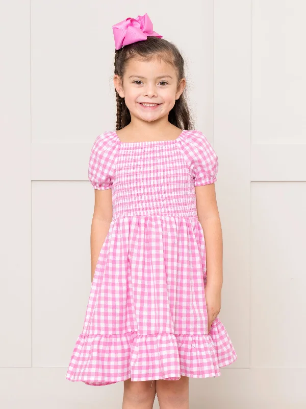 Hot Pink Gingham Smocked Ruffle Dress