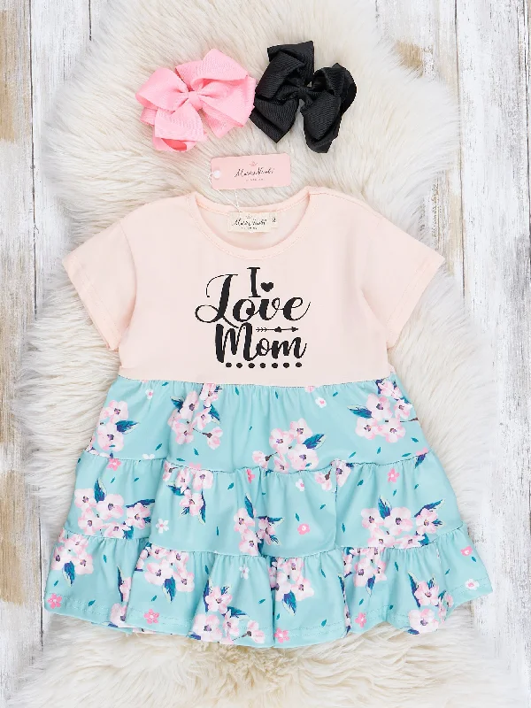 "I Love Mom" Teal Blossoms Ruffle Dress