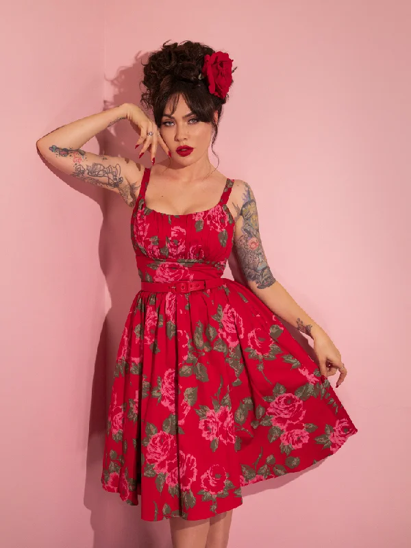 PRE-ORDER - Ingenue Swing Dress in Vintage Red Rose Print - Vixen by Micheline Pitt