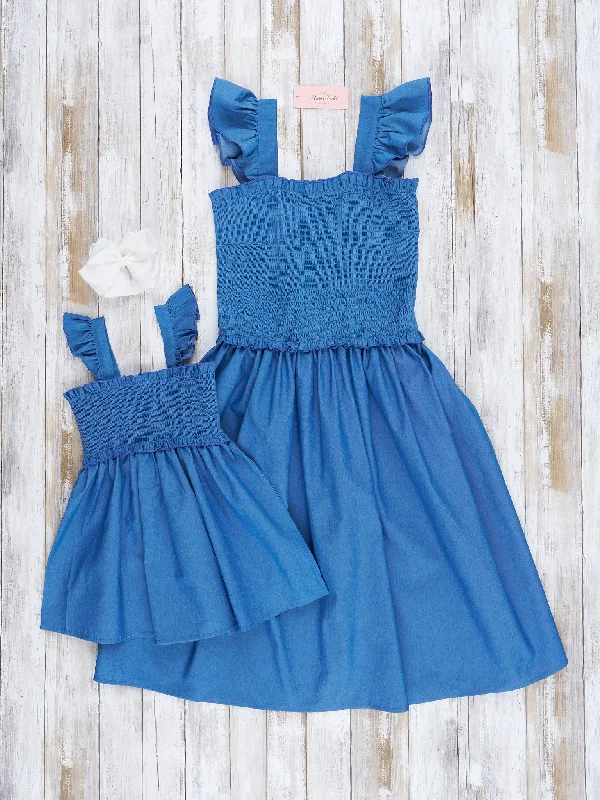 Mom & Me Smocked Chambray Ruffle Dress