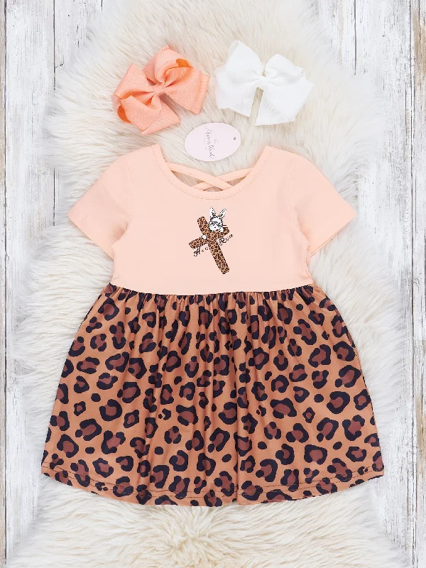 Peach & Leopard "He is Risen" Ruffle Dress