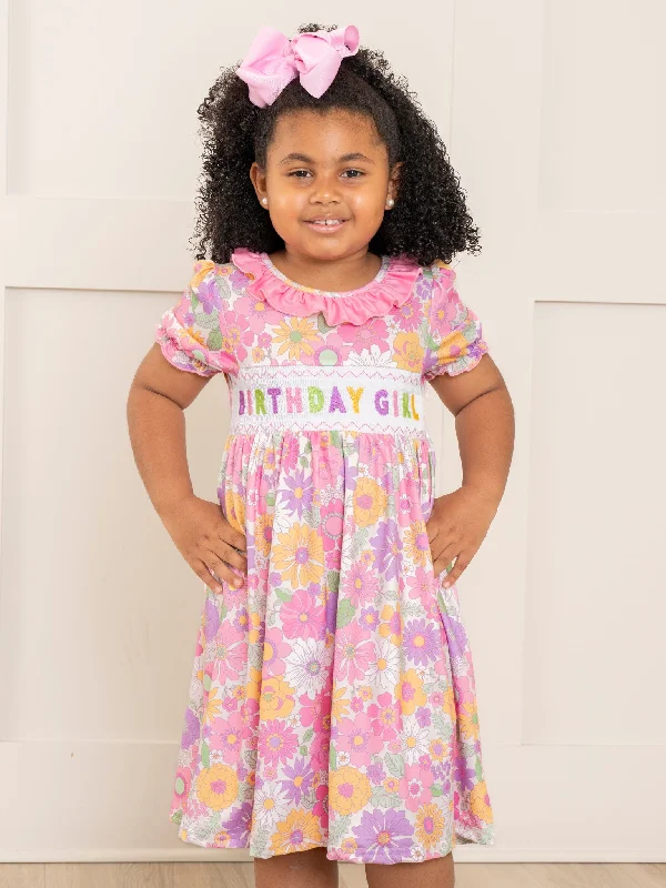 Pink & Purple Floral Birthday Girl Smocked Dress