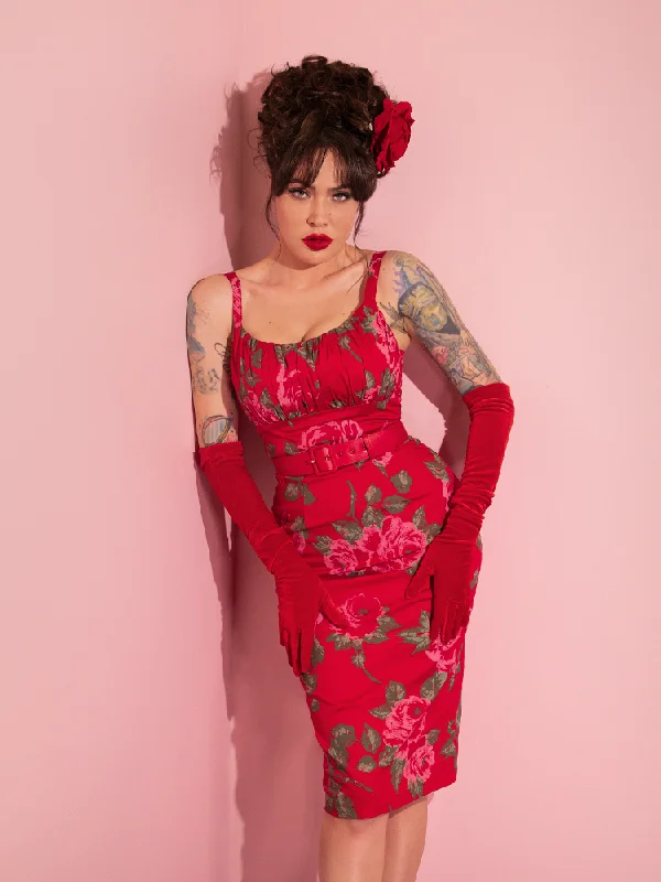 PRE-ORDER - Ingenue Wiggle Dress in Vintage Red Rose Print - Vixen by Micheline Pitt