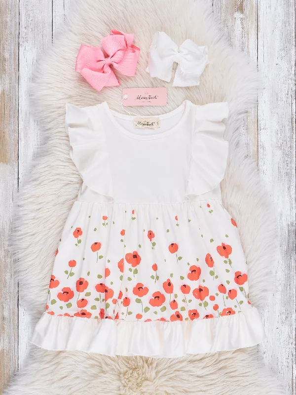 White & Orange Blooms Ruffle Dress